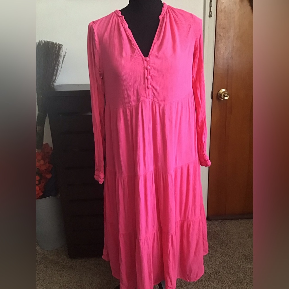 Flowy long sleeve neon pink midi dress